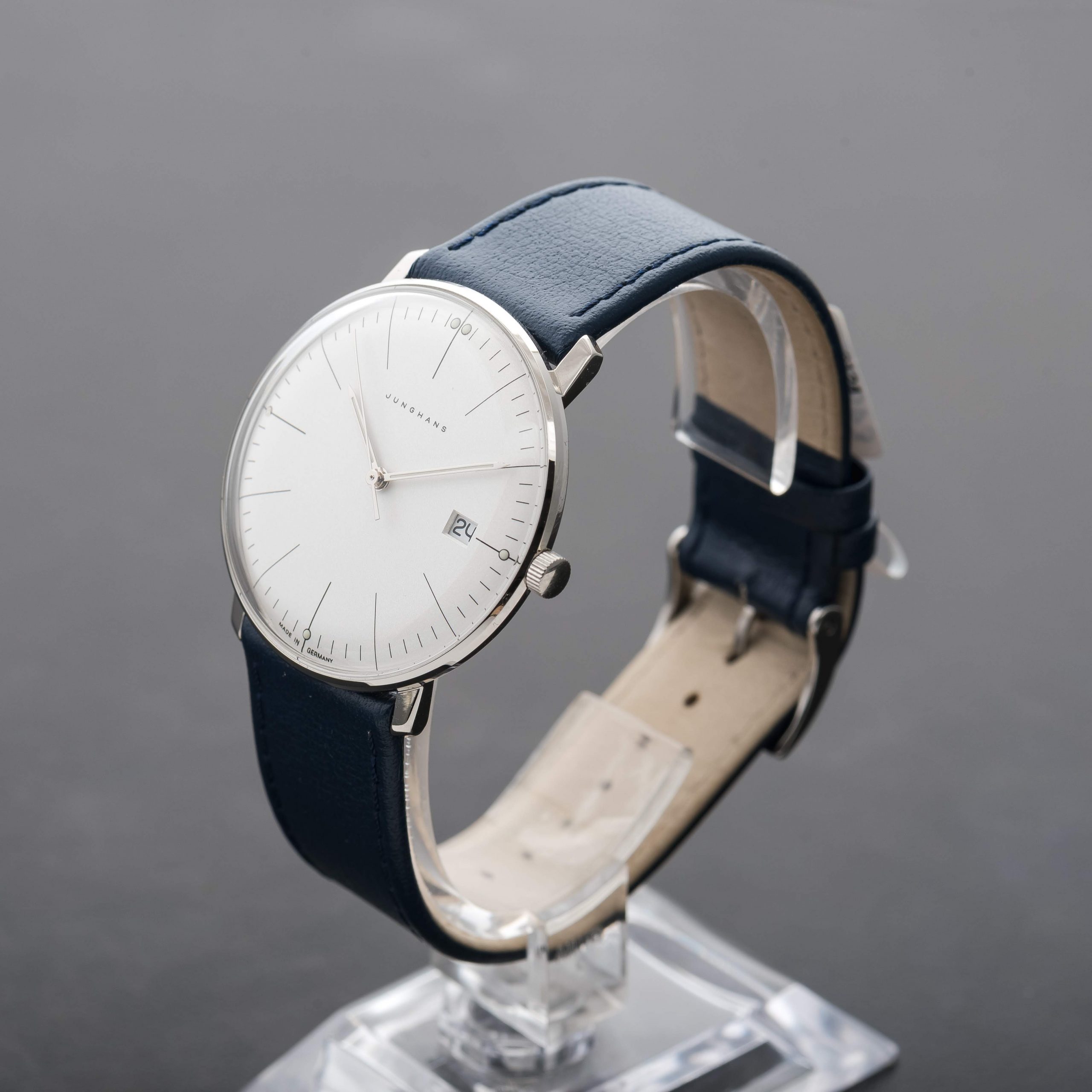Junghans Max Bill Watch Quartz White Dial Date Blue leather watch 041/4464.00