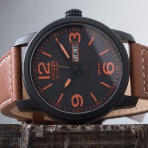 Citizen WR100 Eco Drive Black Orange Dial Day Date Brown Leather Watch BM8475-26E
