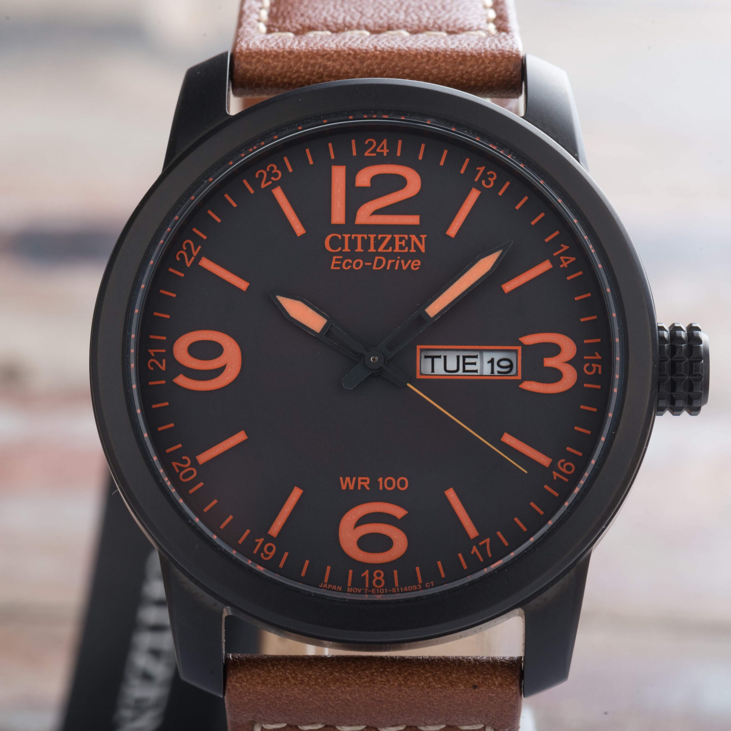Citizen WR100 Eco Drive Black Orange Dial Day Date Brown Leather Watch BM8475-26E