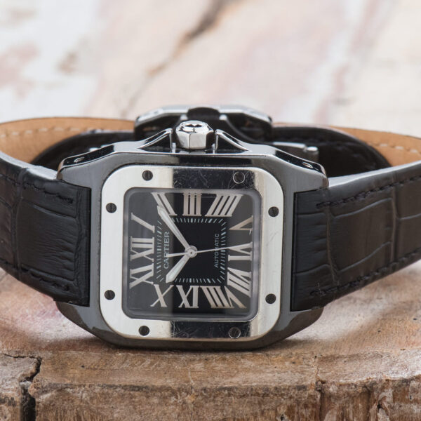 Cartier Santos 100 Black Steel ADLC Automatic Roman Dial Midsize Watch 2878