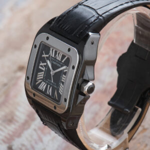 Cartier Santos 100 Black Steel ADLC Automatic Roman Dial Midsize Watch 2878
