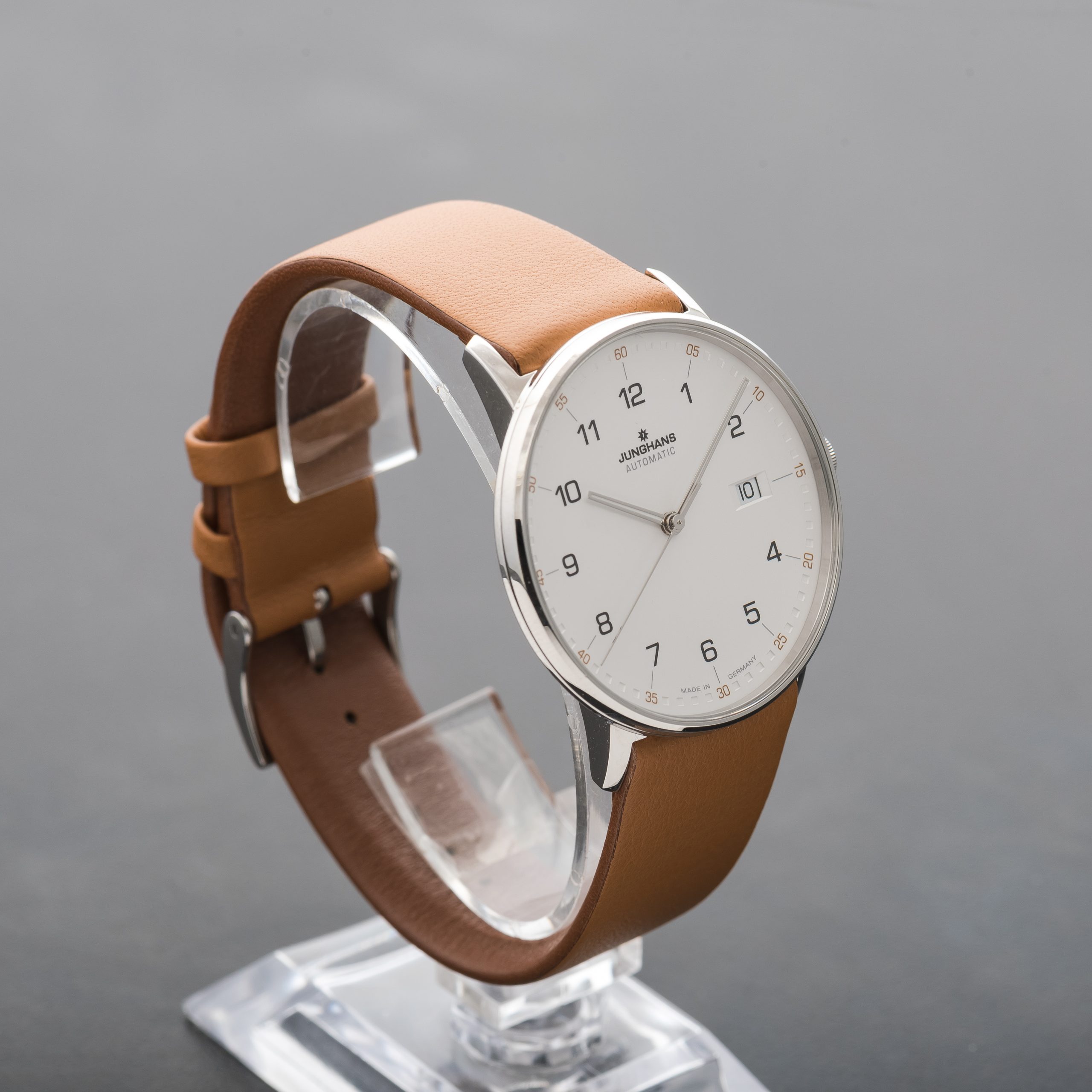 Junghans Form A Automatic Date Leather Tan Strap White Dial Numerals 027/4734.00